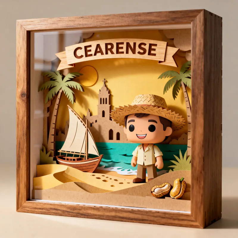 Ideia de quadro 3D com o tema cearense, com jangada, chapéu de palha e praia
