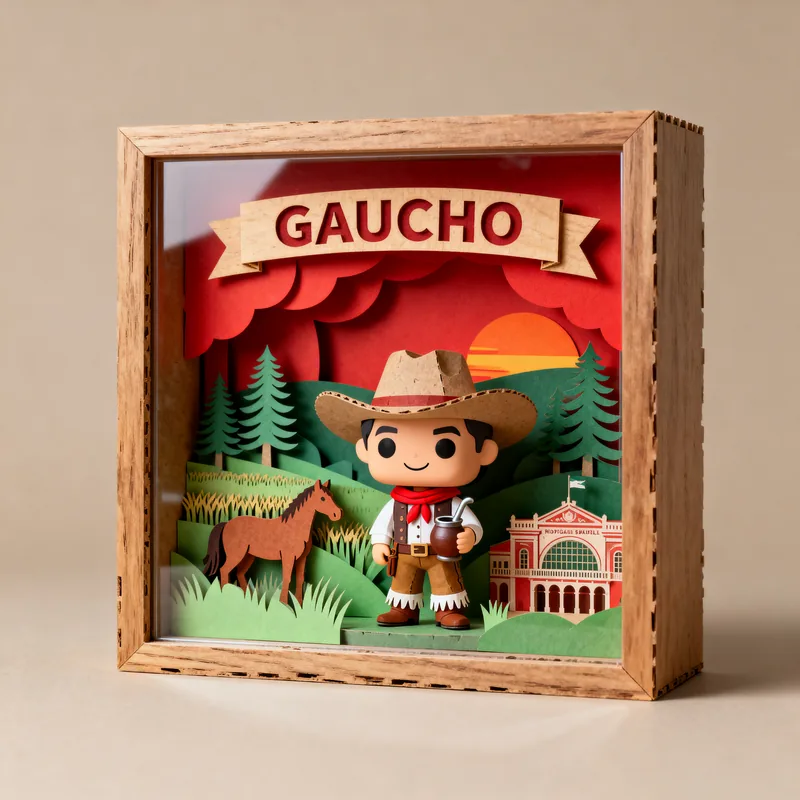 Ideia de quadro 3D com o tema gaúcho, com chapéu, cuia de chimarrão, cavalo, pinheiros e pôr do sol