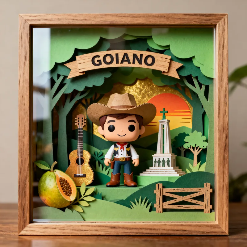 Ideia de quadro 3D com o tema goiano, com chapéu de couro, viola e pequi
