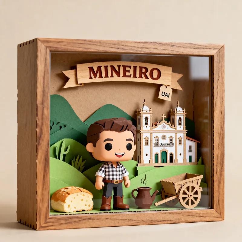 Ideia de quadro 3D com o tema mineiro, com igreja barroca, pão de queijo e carro de boi
