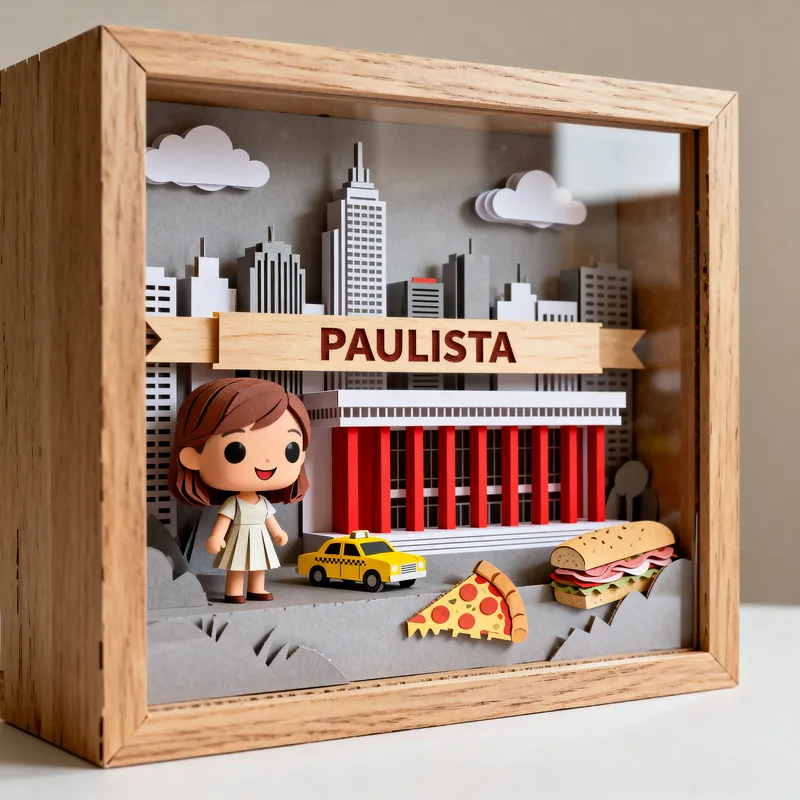 Ideia de quadro 3D com o tema paulista, com táxi, pizza e prédio vermelho