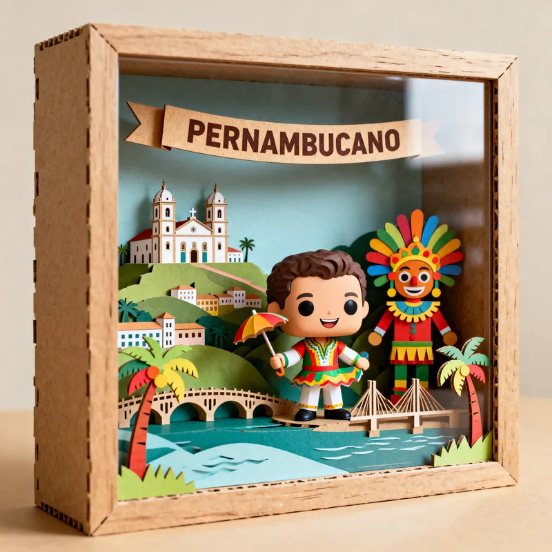 Ideia de quadro 3D com o tema pernambucano, com frevo, sombrinha, igreja, ponte e coqueiros