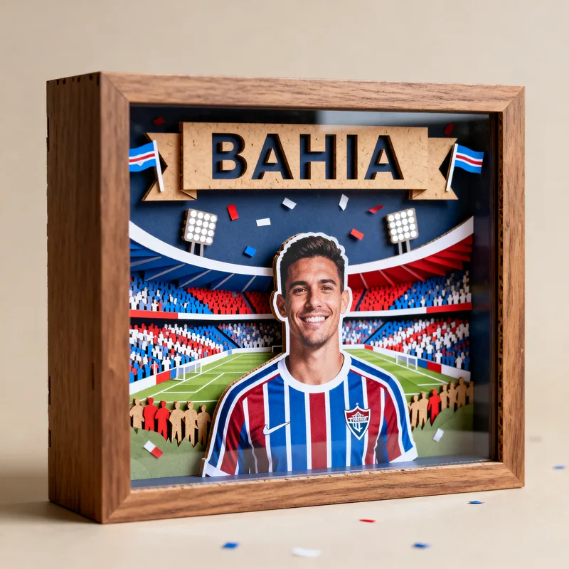 Ideia de quadro 3D de time de futebol com jogador de camisa azul, vermelha e branca, estádio e o nome Bahia no topo