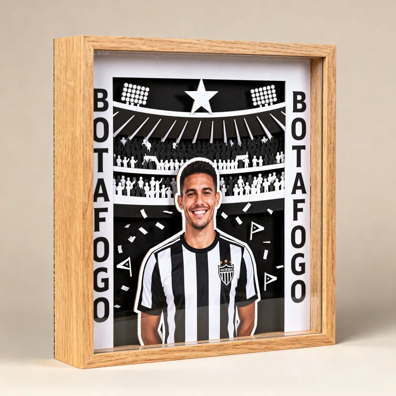 Ideia de quadro 3D de time de futebol com jogador de camisa preta e branca, estádio e o nome Botafogo nas laterais