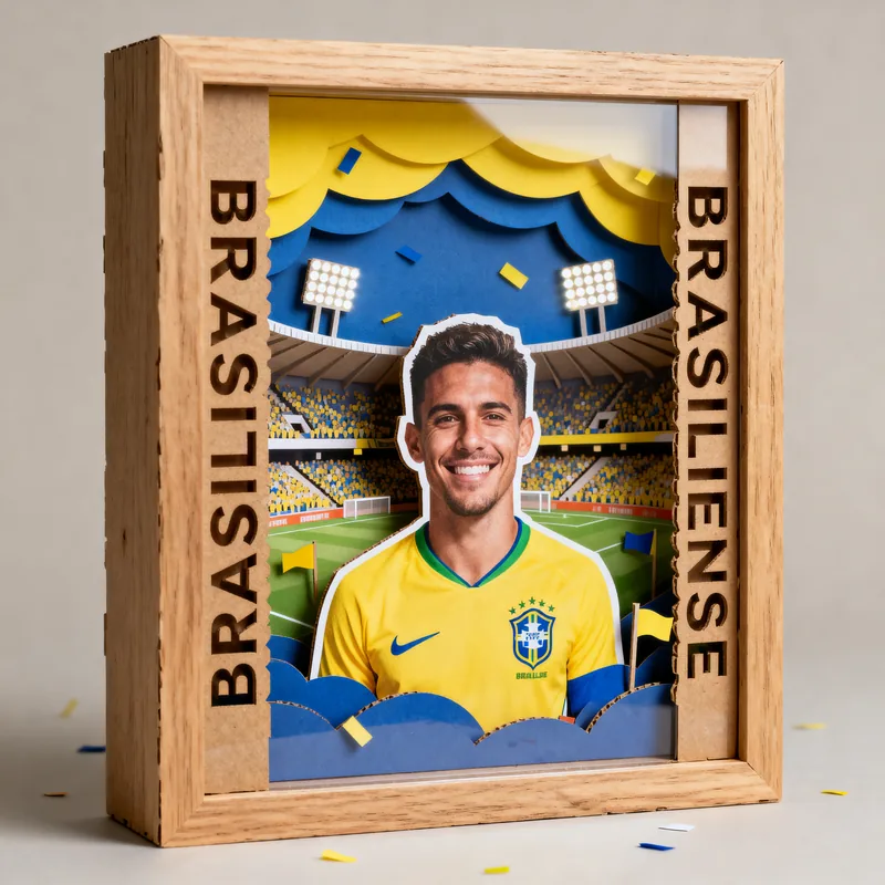 Ideia de quadro 3D de time de futebol com jogador de camisa amarela, estádio e o nome Brasiliense nas laterais