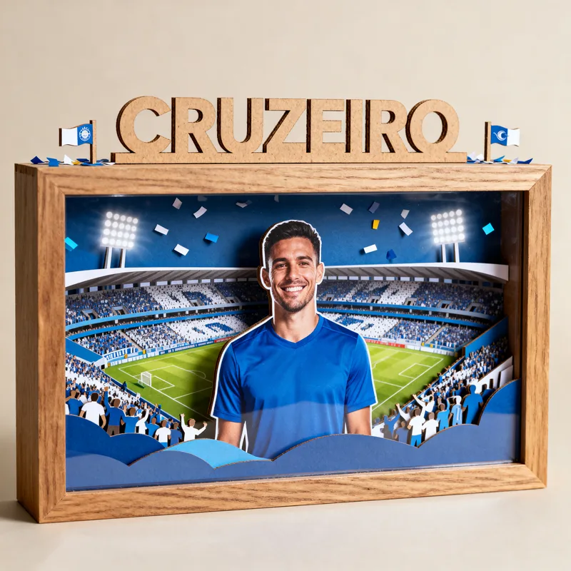 Ideia de quadro 3D de time de futebol com jogador de camisa azul, estádio e o nome Cruzeiro no topo