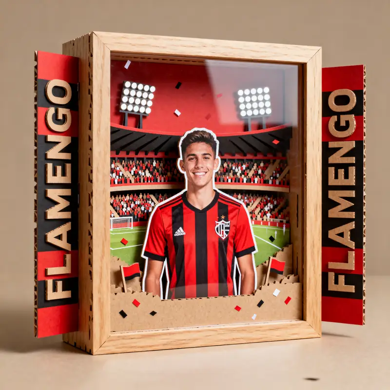 Ideia de quadro 3D de time de futebol, com camisa vermelha e preta e estádio ao fundo