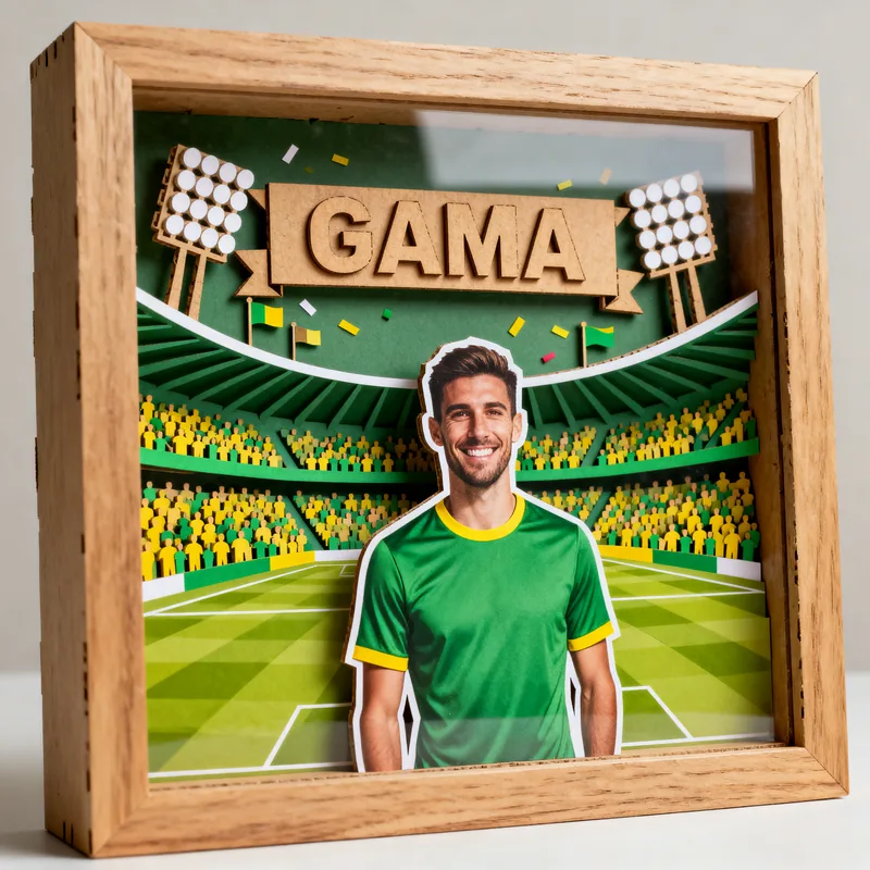 Ideia de quadro 3D de time de futebol com jogador de camisa verde, estádio e o nome Gama no topo