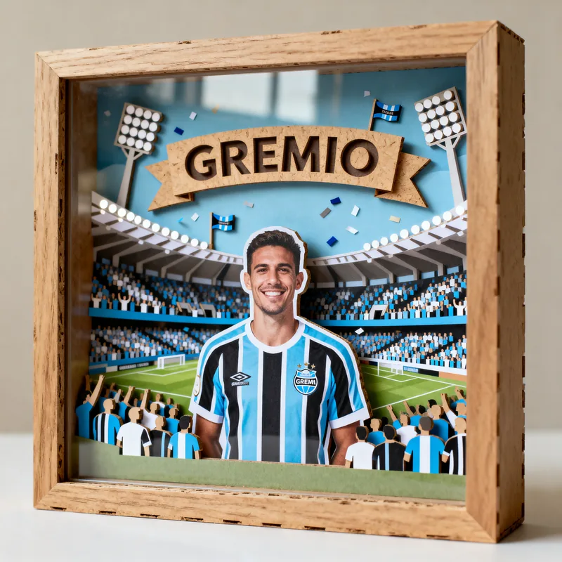 Ideia de quadro 3D de time de futebol com jogador de camisa azul e preta, estádio e o nome Grêmio no topo
