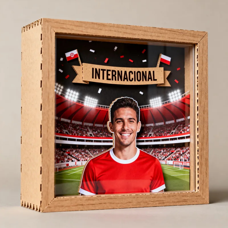 Ideia de quadro 3D de time de futebol com jogador de camisa vermelha, estádio e o nome Internacional no topo