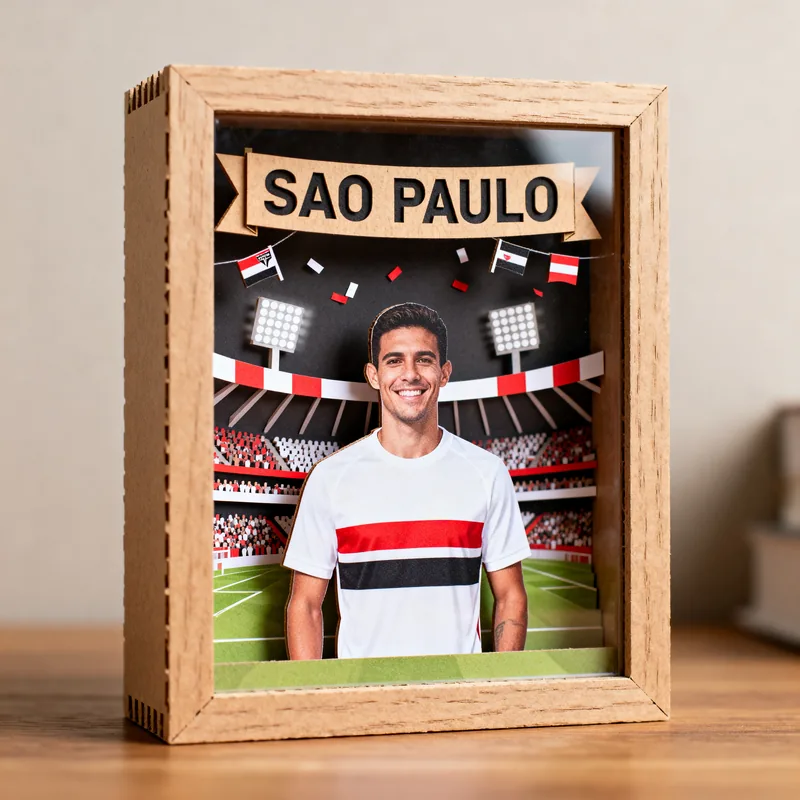 Ideia de quadro 3D de time de futebol com jogador de camisa branca, estádio e o nome São Paulo no topo
