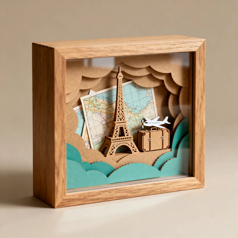 Ideia de quadro 3D de viagem, com Torre Eiffel, mapa, mala e avião