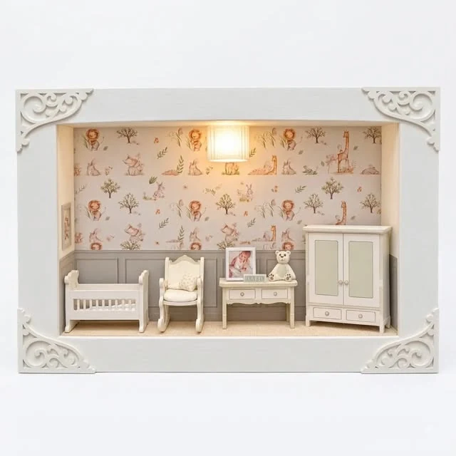 Caixa branca com quarto de bebê em miniatura: berço, poltrona, cômoda, guarda-roupa, luminária e papel de parede de bichinhos
